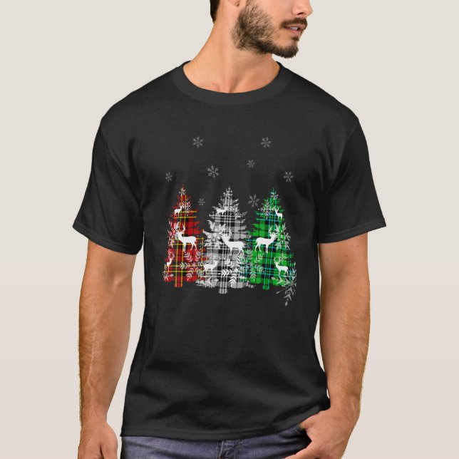 Camiseta Árvore Verde de Natal Verde Vermelha Xadrez Buffal (Frente)