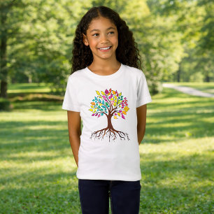 Camiseta Árvore Vibrante da Vida: Raízes e folhas coloridas