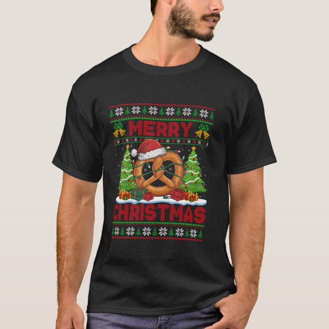 Camiseta Árvore Xmas Luz Feia Estilo Santa Hat Pretzel Chri (Frente)