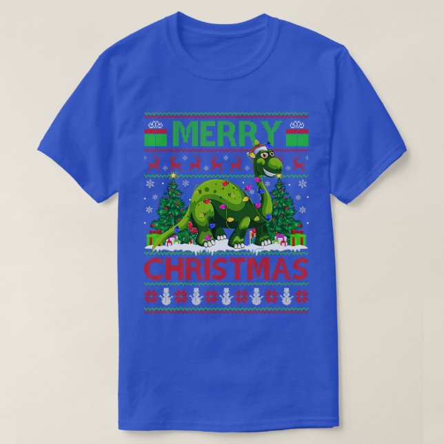 Camiseta Árvore Xmas Luzes Feias Papais noeis Brontosaurus  (Frente do Design)