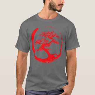 Camiseta Árvore Zen Bonsai em vermelho no círculo Enso