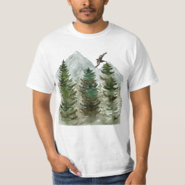 Camiseta Árvores aquáticas com montanhas e pássaros.