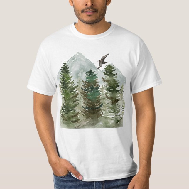 Camiseta Árvores aquáticas com montanhas e pássaros. (Frente)