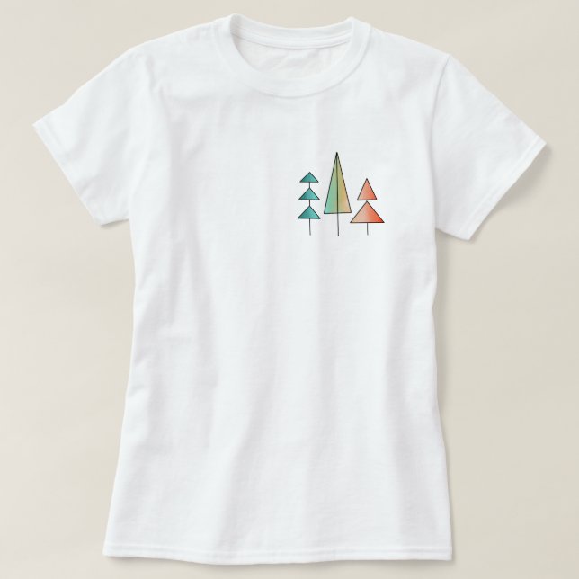 Camiseta árvores arco-íris modernistas de meados do século  (Frente do Design)