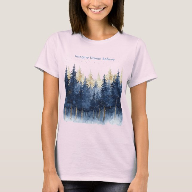 Camiseta Árvores Azuis Douradas Imagine Sonho Acredite   (Frente)