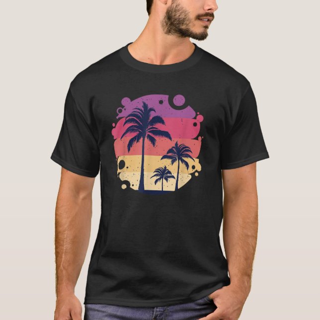 Camiseta Árvores de Coco de Praia Gráfico de Sol Verão Casu (Frente)