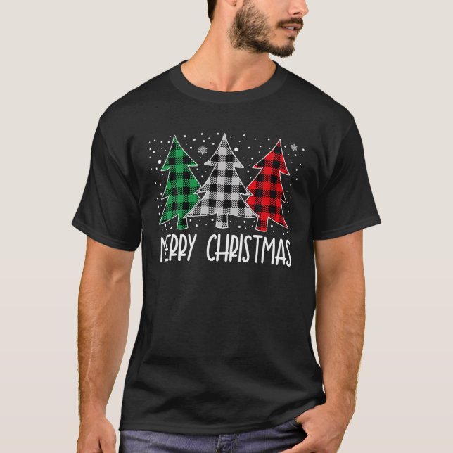 Camiseta Árvores de Natal Alegre Vermelho Verde Xadrez de B (Frente)