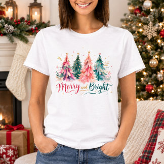 Camiseta Árvores de Natal Coloridas em Aquarela Alegre e Br