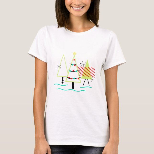 Camiseta árvores de natal modernas de meados do século retr (Frente)