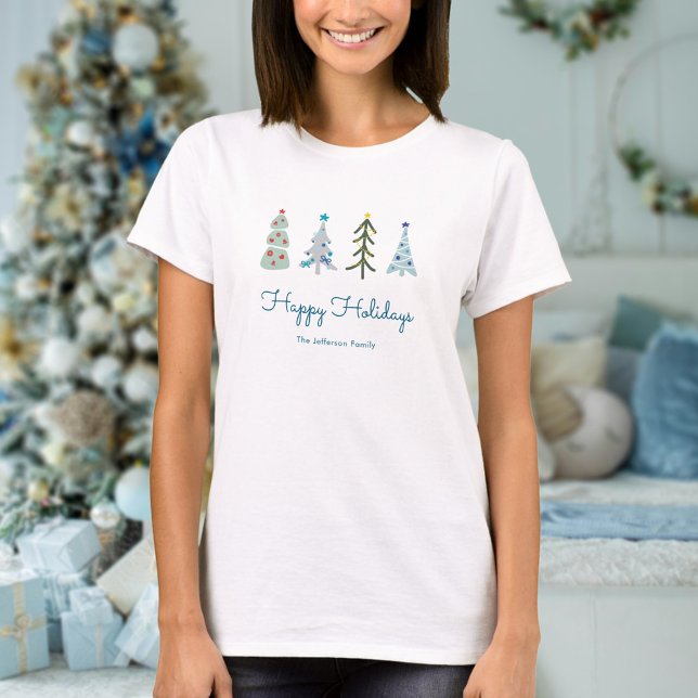 Camiseta Árvores de Natal na Escandinávia (Cute Scandinavian Christmas custom tshirt with whimsical Christmas trees and your text)