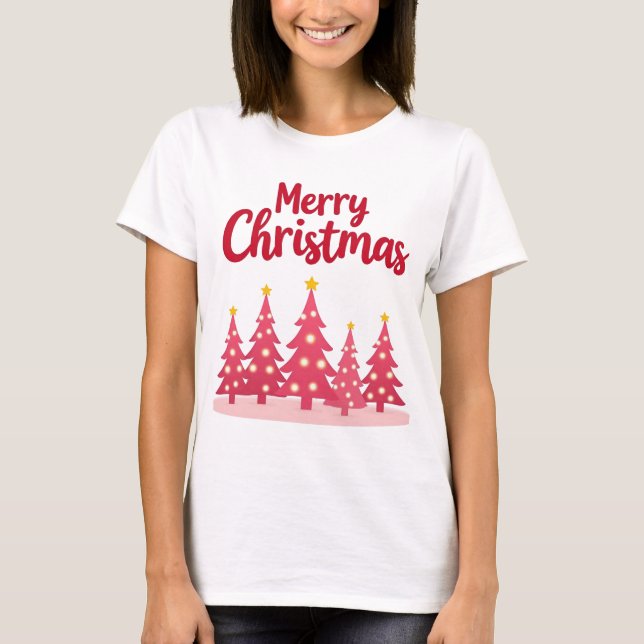 Camiseta Árvores de Natal Rosa Festivas "Feliz Natal" (Frente)