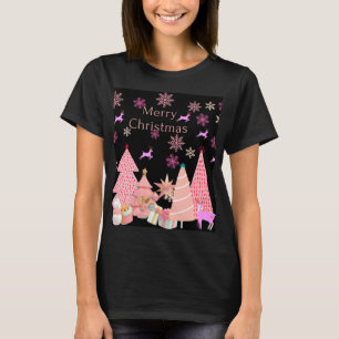Camiseta Árvores de Natal Rosa Flocos de Neve com Escuridão