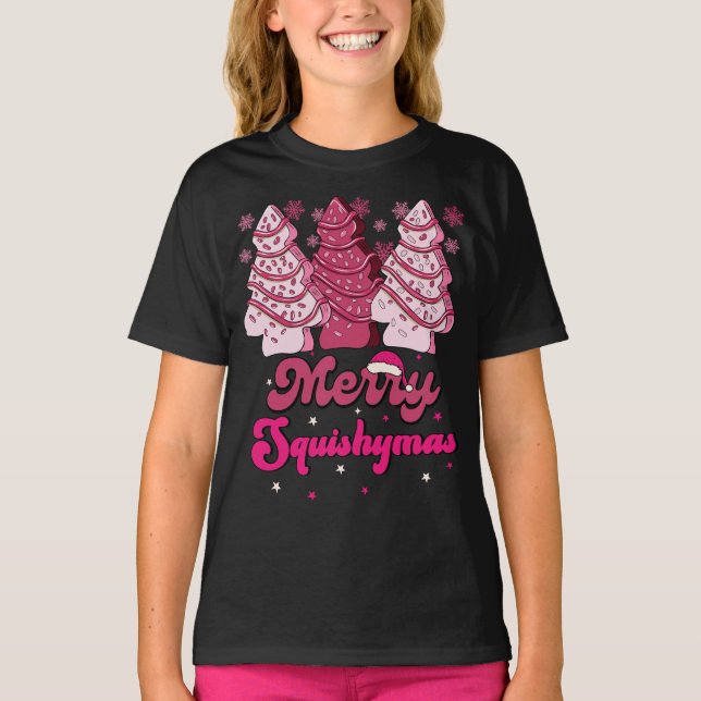 Camiseta Árvores de Natal Rosa-Rosa de Squishymas felizes (Frente)