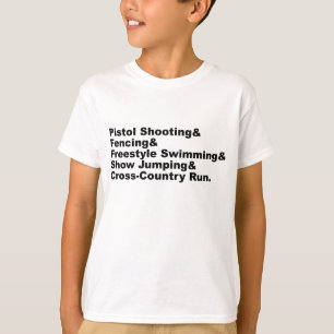 Camiseta As Cinco Etapas de um Pentatlo Tiro Esgrima