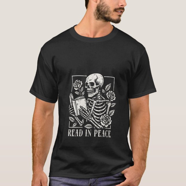Camiseta As Mulheres Leem Em Paz O Esqueleto Lendo O Livro  (Frente)