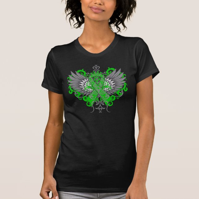 Camiseta Asas de Tatuagem de Fita Verde do Cancer Adrenal (Frente)