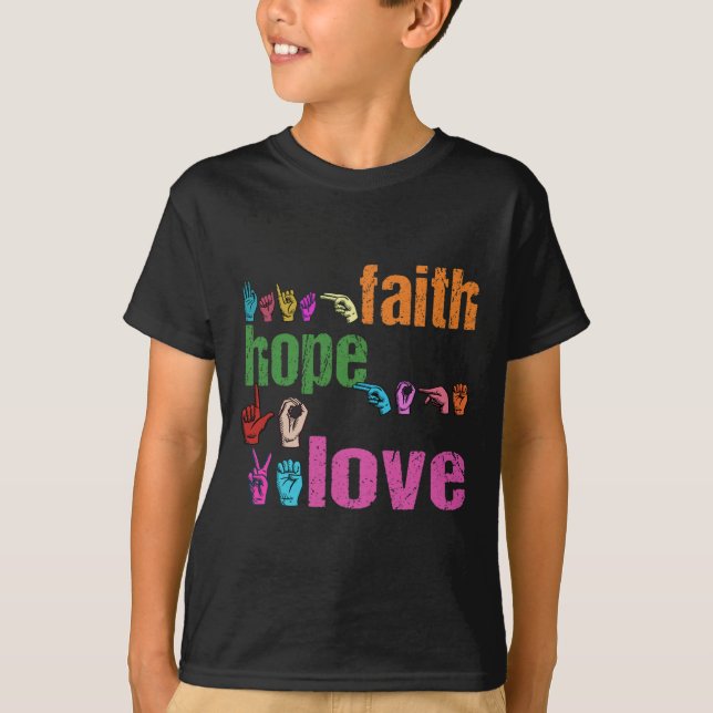 Camiseta ASL Faith Hope Love American Sinal Language Christ (Frente)