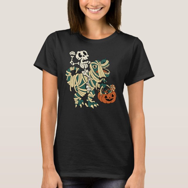 Camiseta ASL Happy Halloween Party Skeletons T-Rex Fun Wome (Frente)