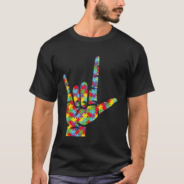 Camiseta Asl Love Sign Language Hand Autism Awareness Puzzl (Frente)
