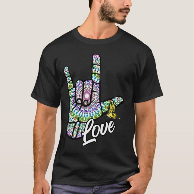 Camiseta ASL Te Amo Linguagem de Sinais de Mão Borboleta Su (Frente)
