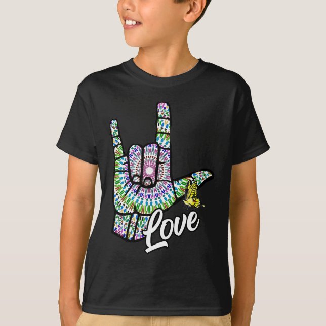 Camiseta ASL Te Amo Linguagem de Sinais de Mão Borboleta Su (Frente)
