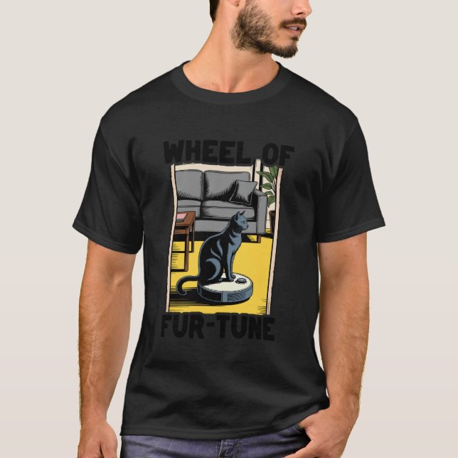 Camiseta Aspirador Robô Roda da Sorte de Gato Engraçado (Frente)