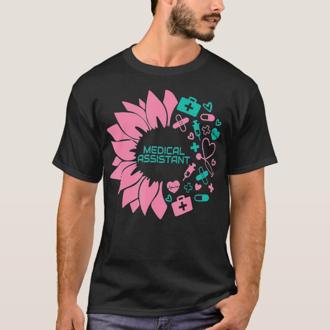 Camiseta Assistente médico Enfermagem com Flor de Girassol  (Frente)