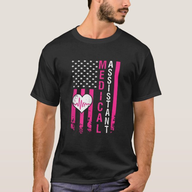 Camiseta Assistente Médico Oferece Pulso Coração Rosa Ameri (Frente)