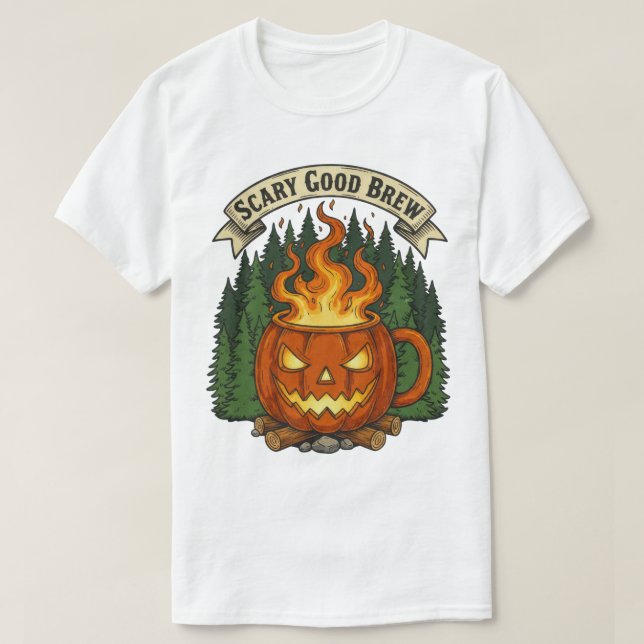 Camiseta Assustador, bom café, abóbora, Design de Dia das B (Frente do Design)