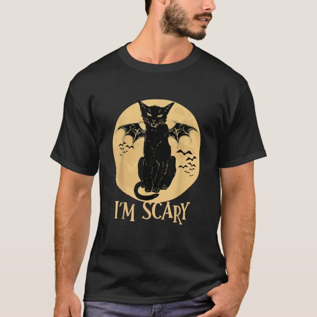 Camiseta Assustador Gato Preto Gritante à Lua (Frente)