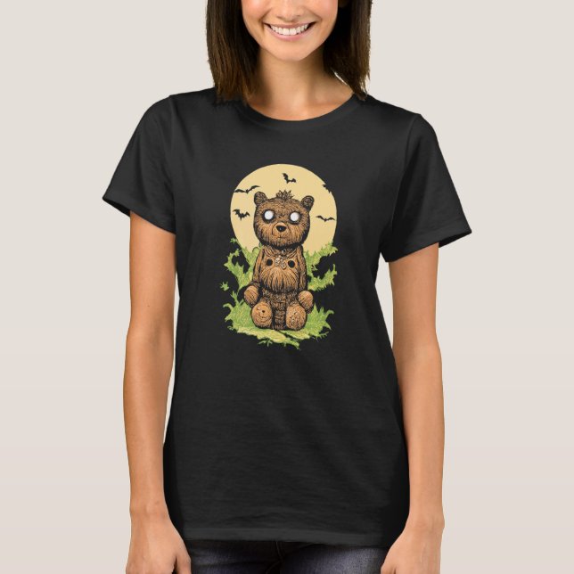 Camiseta Assustador Zombie Teddy Bear Cheio Lua Halloween (Frente)