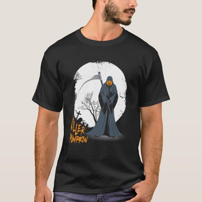 Camiseta Assustadora Cara de Abóbora Jack O' Lanterna Grim  (Frente)