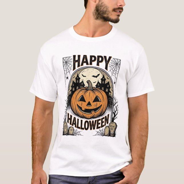 Camiseta Assustadora Vintage de Cemitério de Abóbo (Frente)