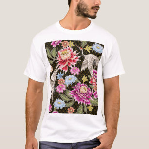 Camiseta Asters Cranes: Estilo Japonês Pintado Sem Costura