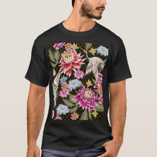 Camiseta Asters Cranes: Estilo Japonês Pintado Sem Costura