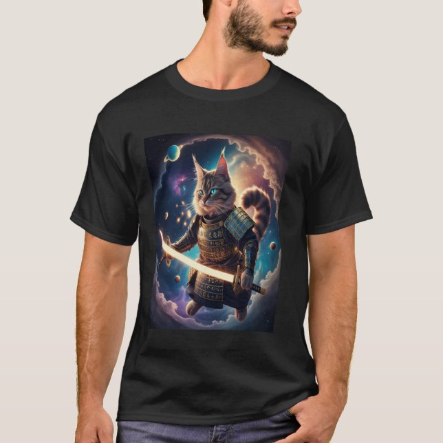 Camiseta Astral Samurai Cat Guardian of the Celestial Waves (Frente)
