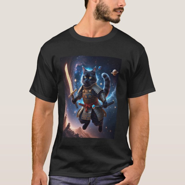 Camiseta Astral Samurai Cat Guardian of the Celestial Waves (Frente)