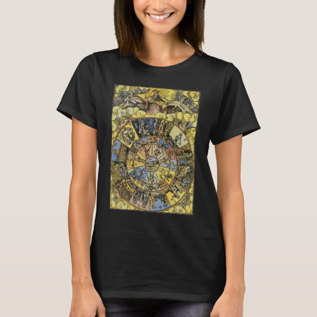 Camiseta Astrologia Vintage, Renascença Roda Zodiaca, 1555 (Frente)