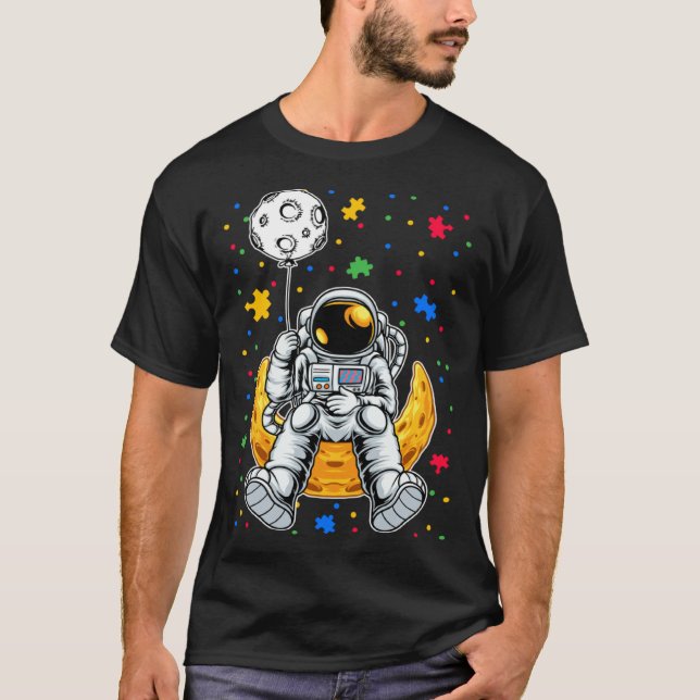 Camiseta Astronaut & Planet Balloon Puzzle Piece Autism Awa (Frente)