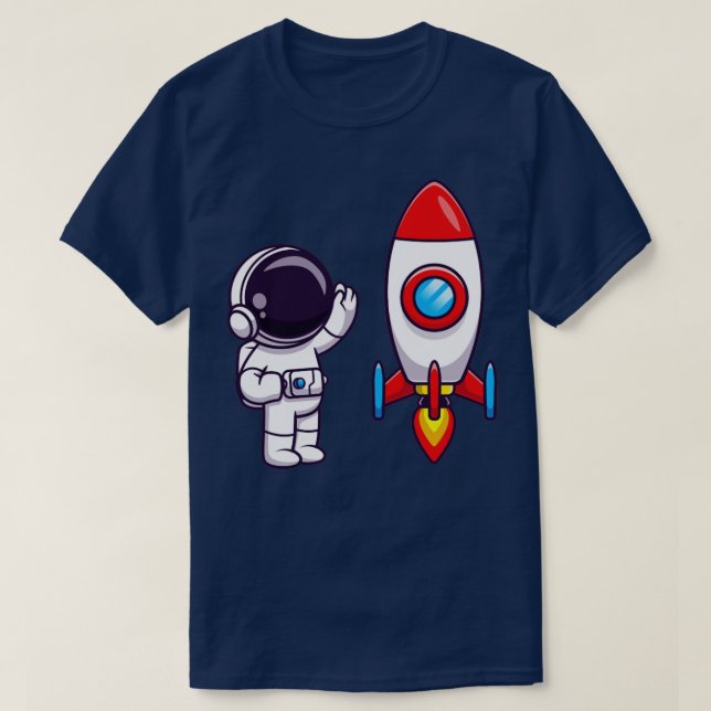 Camiseta Astronauta acenando a mão para o desenho do foguet (Frente do Design)