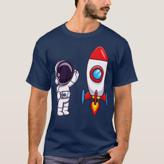 Camiseta Astronauta acenando a mão para o desenho do foguet