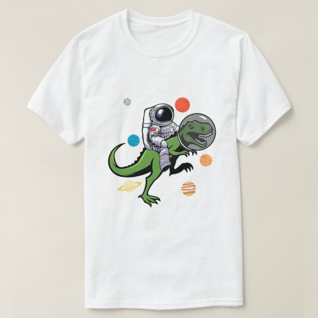 Camiseta Astronauta Andando T Rex Dinossauro Astro Espaço (Frente do Design)
