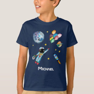 Camiseta Astronauta Arco-Íris Balões Nome do Espaço Foguete