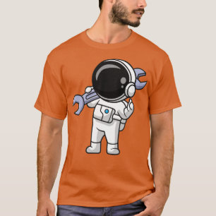 Camiseta Astronauta Bonito Segurando Cartoon Wrench
