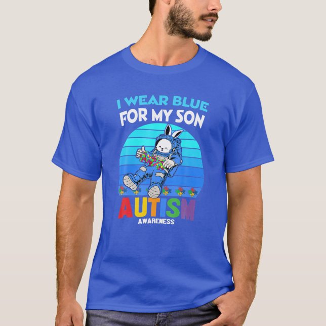 Camiseta Astronauta Bunny Autismo Eu Visto Azul Para O Meu (Frente)
