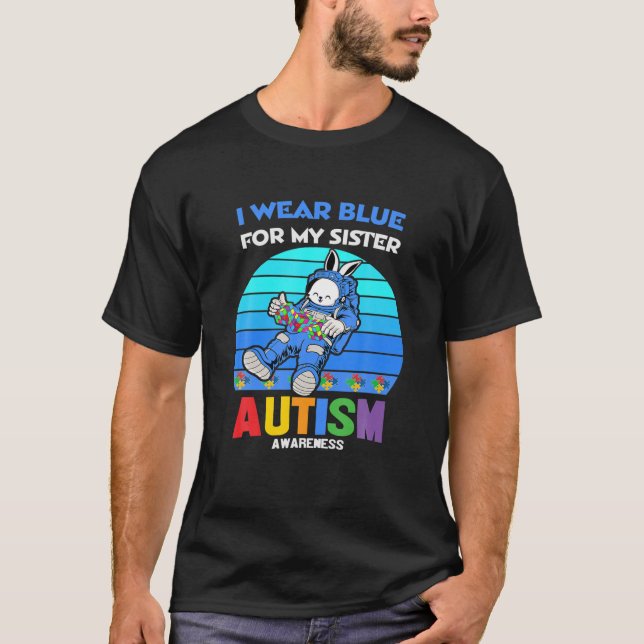 Camiseta Astronauta Bunny Autismo Eu Visto Azul Para O Meu (Frente)