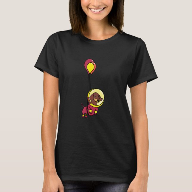 Camiseta Astronauta Burgundy Flutuante Dachshund Com Balão (Frente)