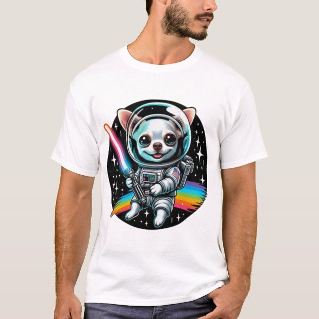 Camiseta Astronauta Chihuahua com sabre arco-íris de luz em (Frente)