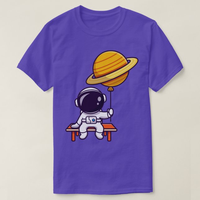 Camiseta Astronauta Cinto Sentado E Segurando Balão De Plan (Frente do Design)