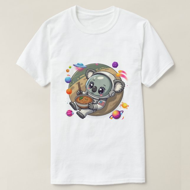 Camiseta Astronauta Coalha Ramen no Espaço: Aventuras OVNI (Frente do Design)